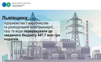 Львівщина: підприємства з виробництва та розподілення електроенергії, газу та води перерахували до зведеного бюджету 447,7 млн грн податків