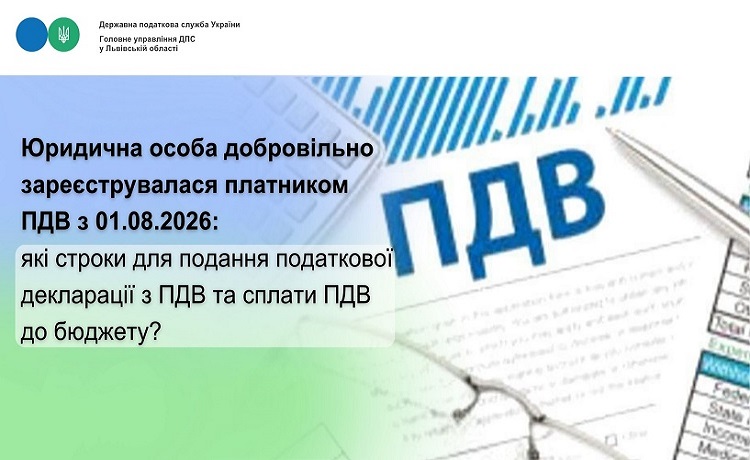Юридична особа добровільно зареєструвалася платником ПДВ з 01.08.2026: які строки для подання податкової декларації з ПДВ та сплати ПДВ до бюджету?