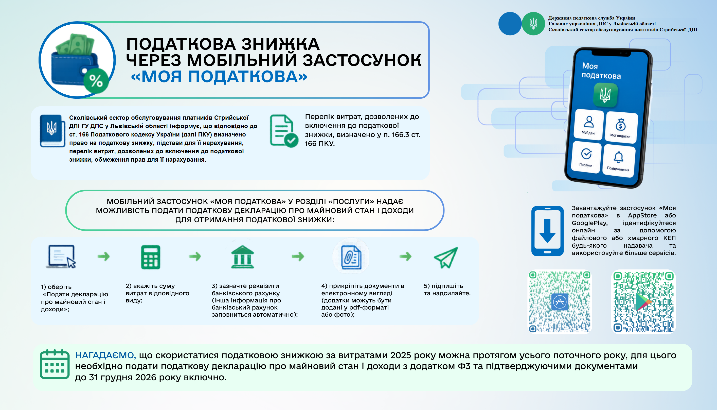 Сколівський сектор обслуговування платників Стрийської ДПІ: Податкова знижка через мобільний застосунок "Моя Податкова"