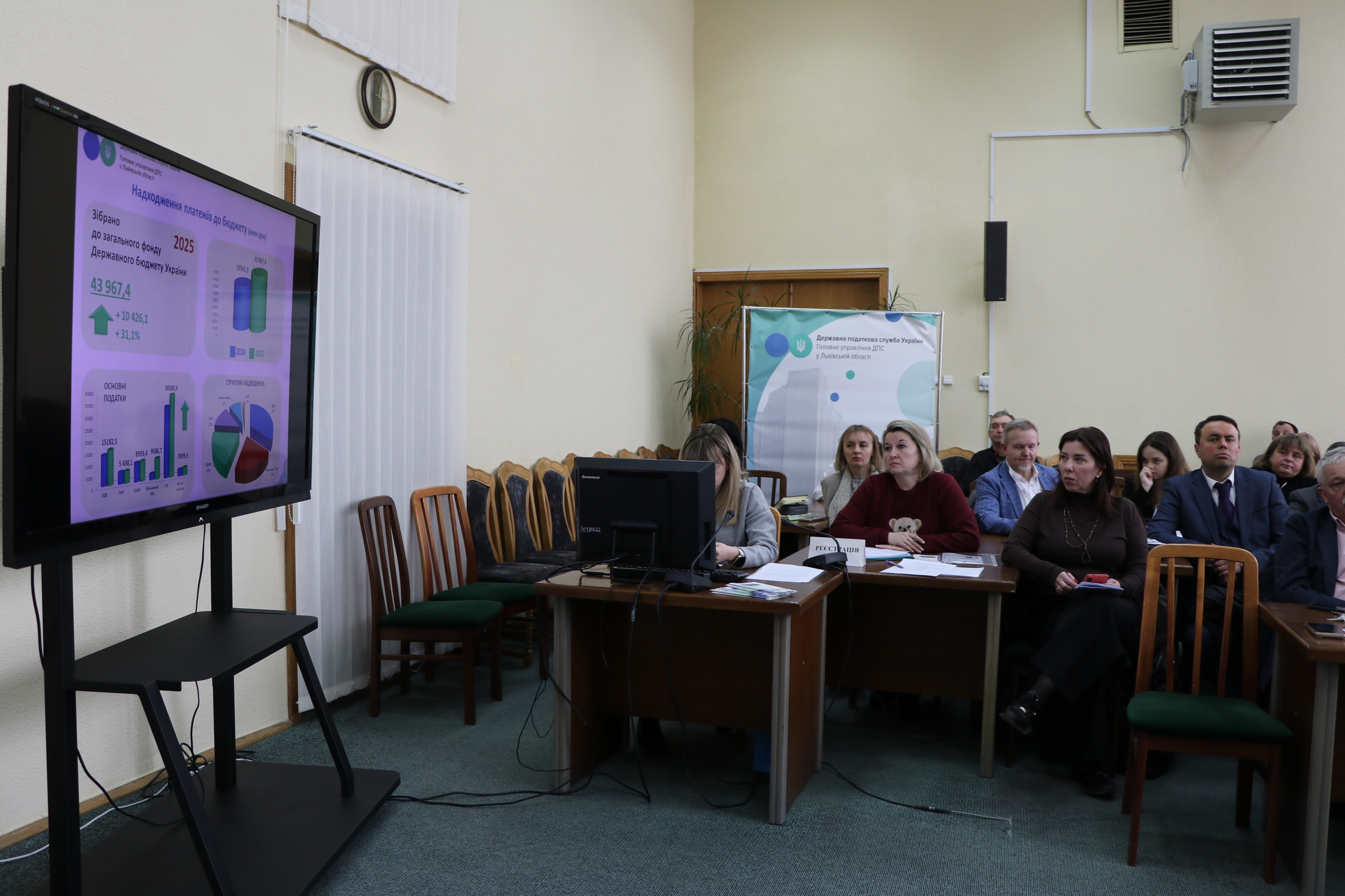 На засіданні Громадської ради начальник ГУ ДПС у Львівській області Микола Никитюк озвучив Публічний звіт про результати діяльності  служби у 2025 році. Фото № 3/2